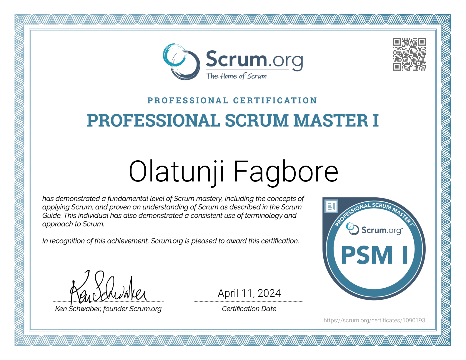 Professional Scrum Master I certificate