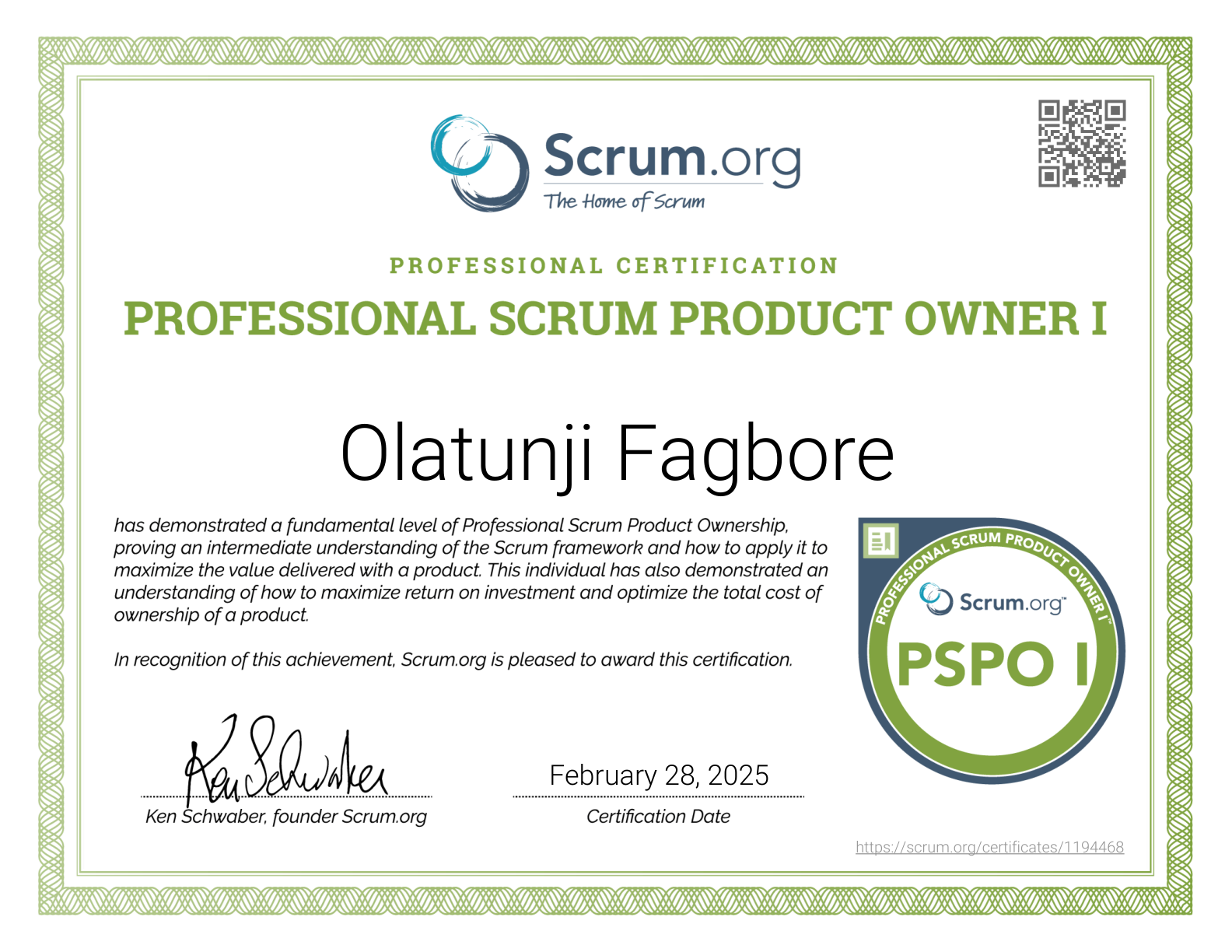 Professional Scrum Product Owner I certificate