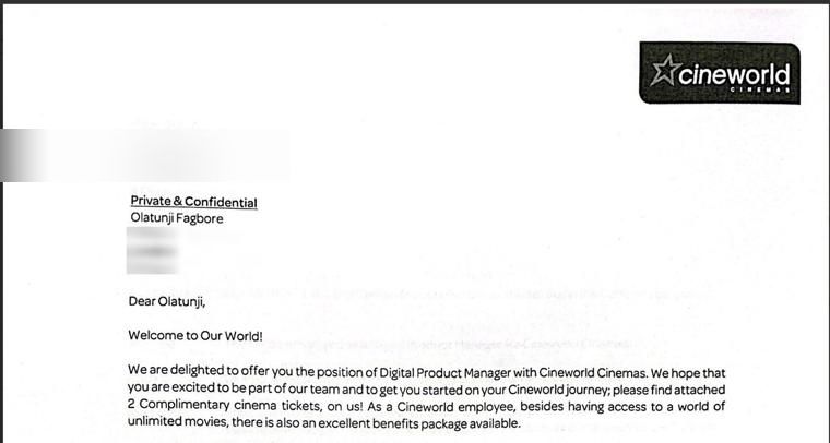 Cineworld Cinemas offer letter