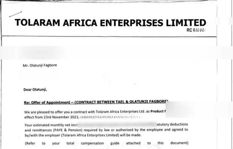 Tolaram Africa Enterprises offer letter
