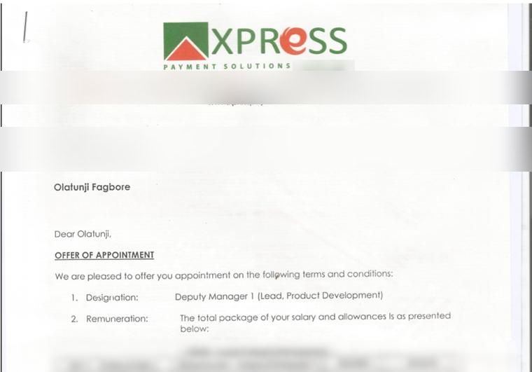 Xpress Payment Solutions offer letter