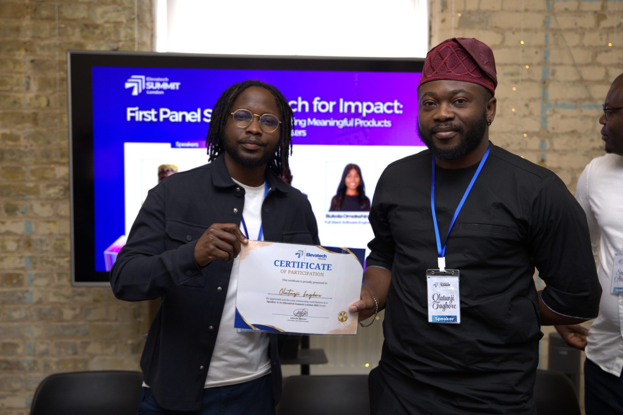 Olatunji Fagbore receiving his Speaker certificate at Elevatech Summit London 2025